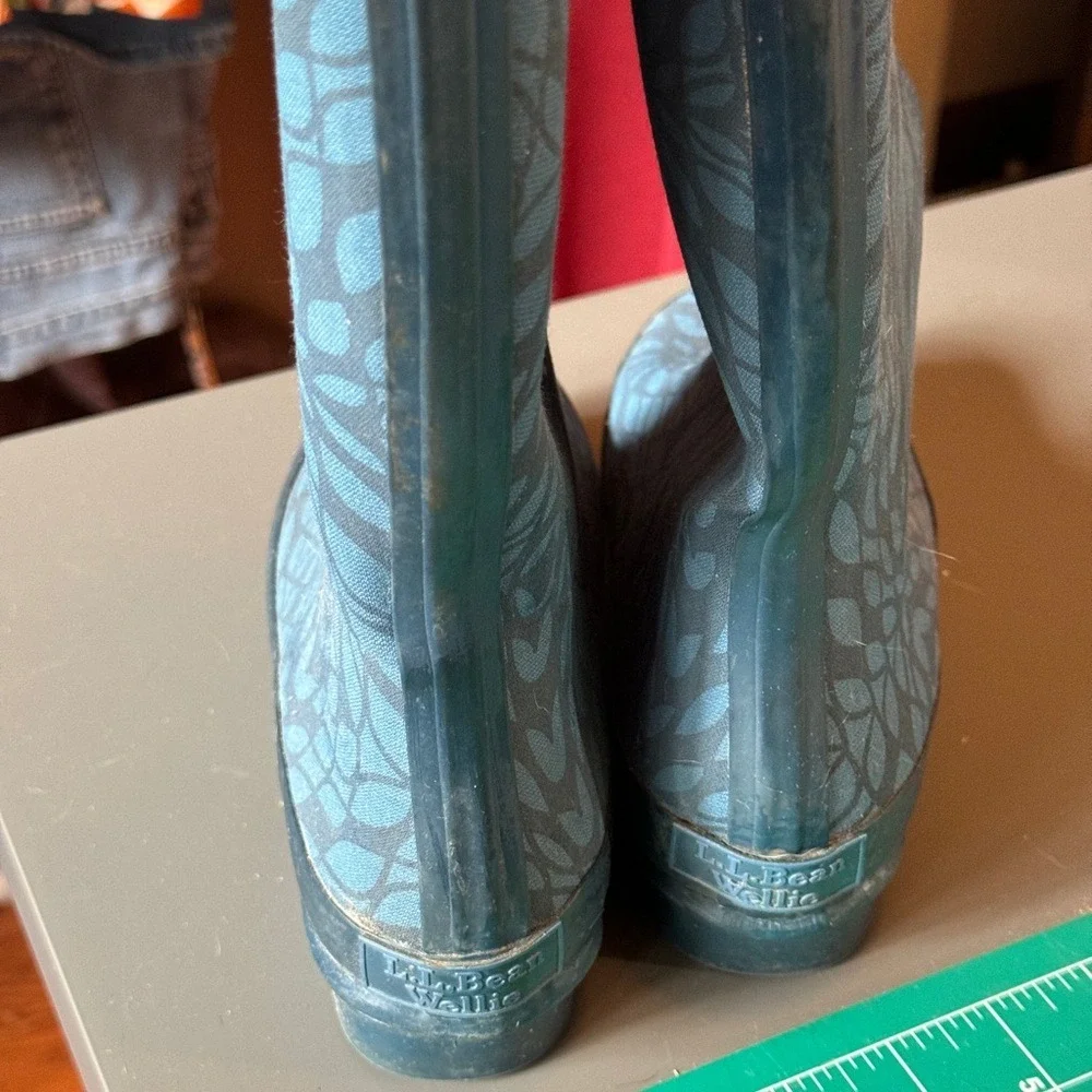 LL Bean Wellies Sz 6 Blue Leaf Print Rain Boots Women's Outdoor Gorpcore Utility